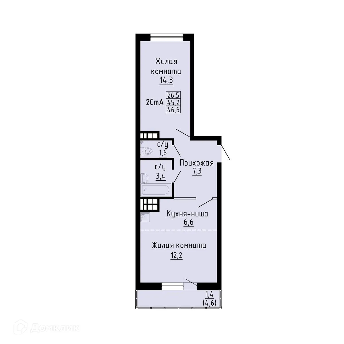 Планировка 2-комнатной квартиры 46.6 м² в ЖК Жилой комплекс  "Матрёшкин двор", г. Новосибирск — фото 1