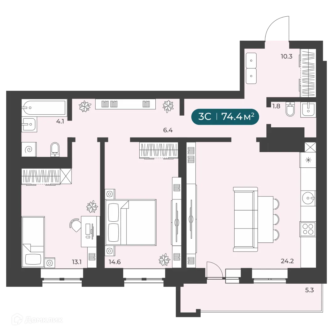 Планировка 3-комнатной квартиры 74.4 м² в ЖК"Черемушки" на Приморской, г. Новосибирск — фото 1