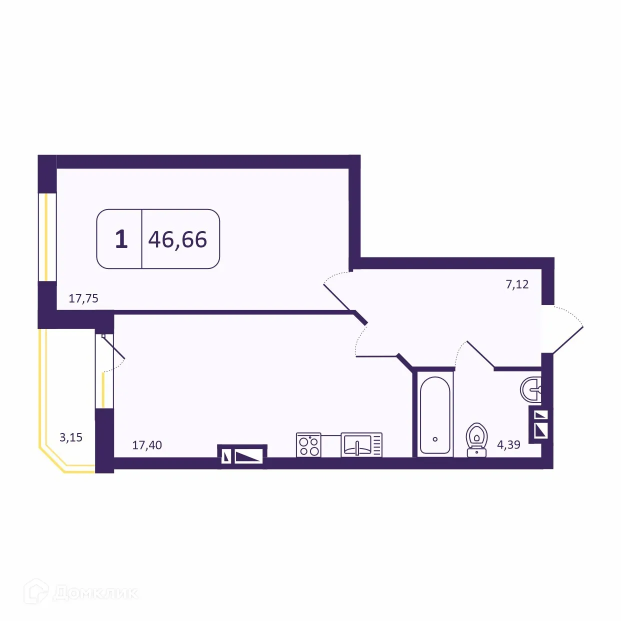 Планировка студии квартиры 48.19 м² в ЖК Астон. Шесть звезд, г. Новосибирск — фото 1
