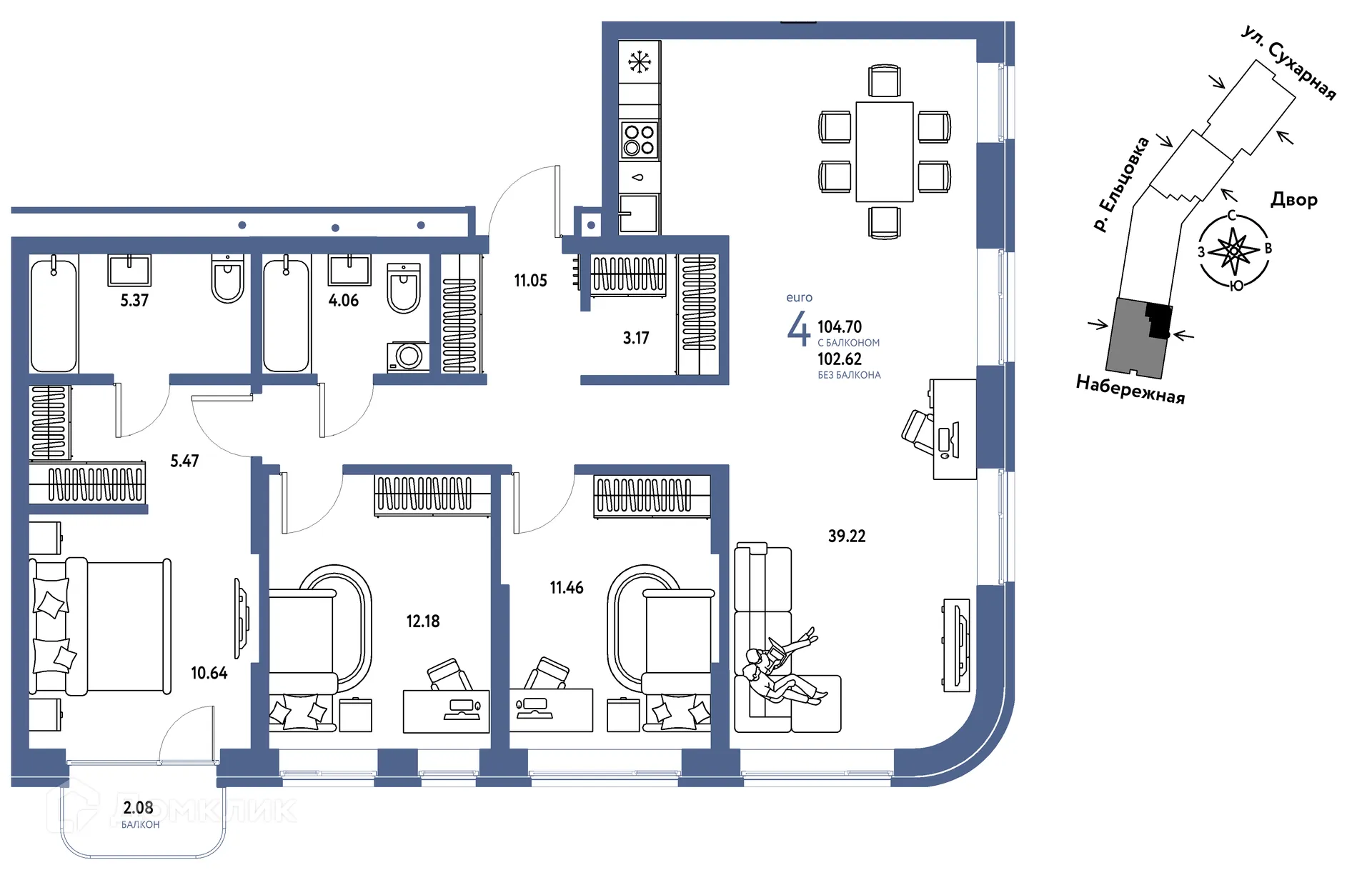 Планировка 4-комнатной квартиры 104.7 м² в ЖК Страна.Береговая, г. Новосибирск — фото 1