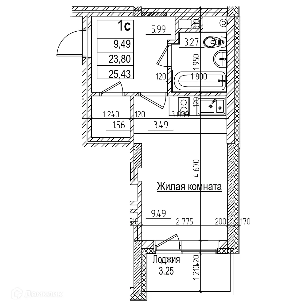 Планировка 1-комнатной квартиры 23.8 м² в ЖК Возрождение, г. Новосибирск — фото 1