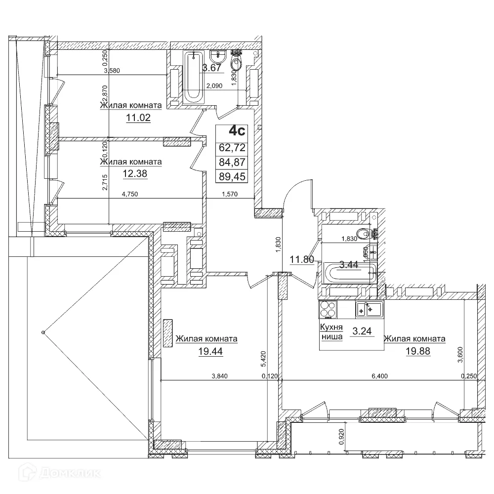 Планировка 3-комнатной квартиры 84.8 м² в ЖК Чернышевский, г. Новосибирск — фото 1