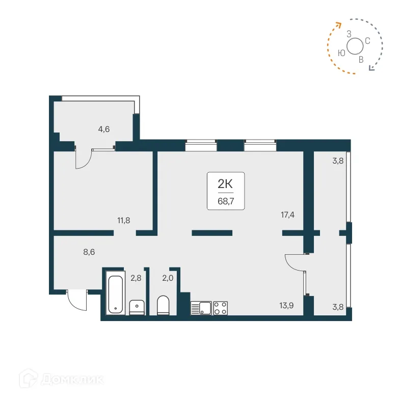 Планировка 2-комнатной квартиры 68.5 м² в ЖК "Цветной бульвар", г. Новосибирск — фото 1