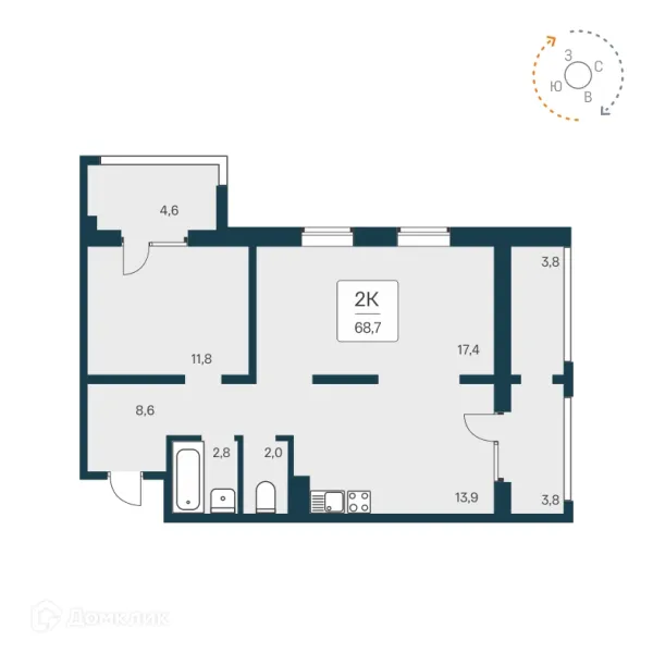 Планировка 2 комн. в ЖК "Цветной бульвар"