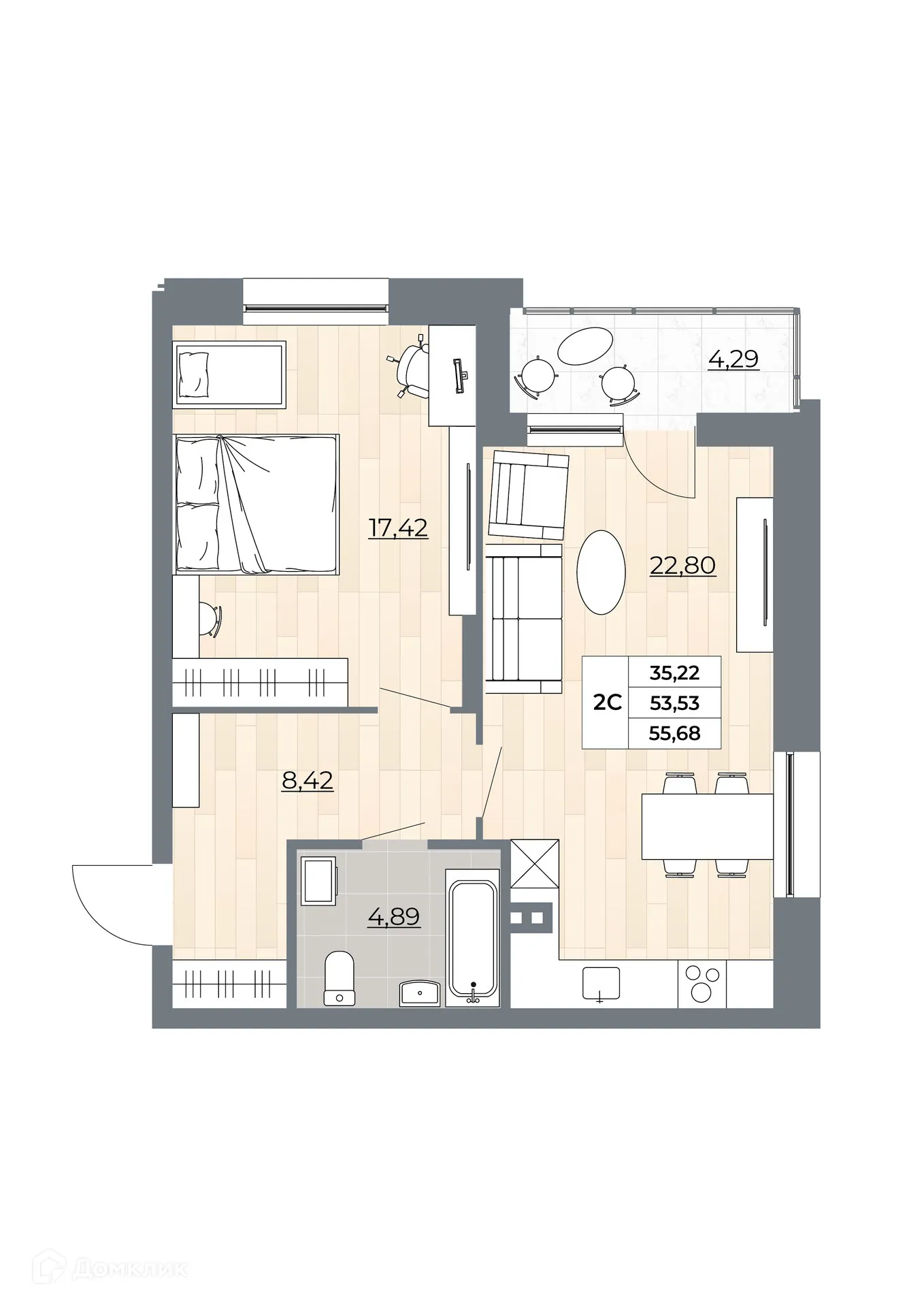 Планировка 2-комнатной квартиры 55.68 м² в ЖК Рубин, г. Новосибирск — фото 3