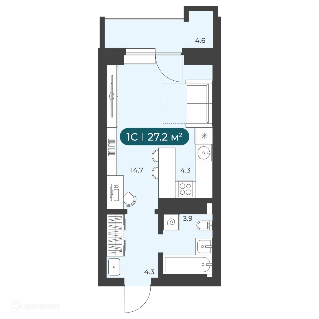 Планировка студии квартиры 27.2 м² в ЖК"Черемушки" на Приморской, г. Новосибирск — фото 1