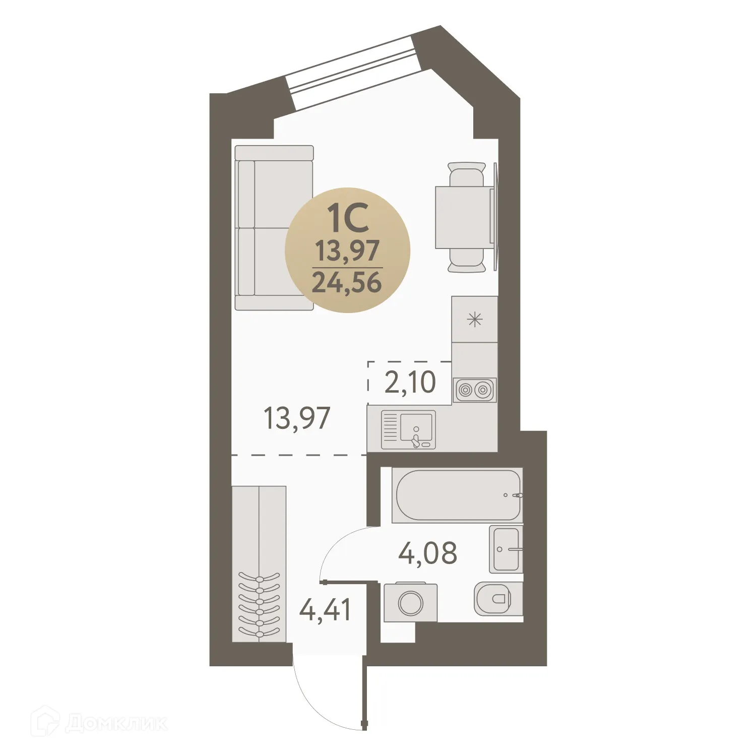 Планировка студии квартиры 24.56 м² в ЖК Urban peaks (Урбан пикс), г. Новосибирск — фото 1