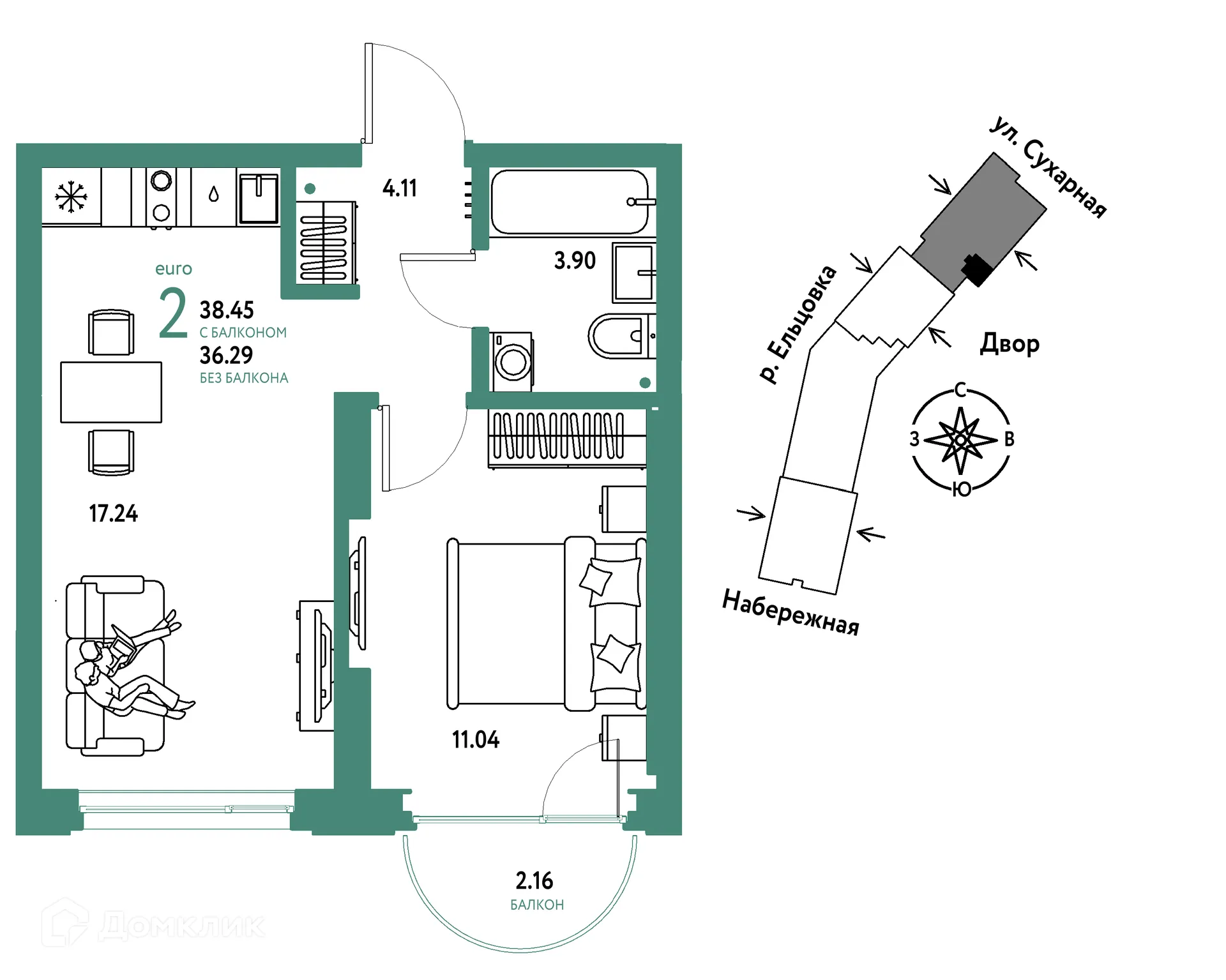 Планировка 2-комнатной квартиры 38.45 м² в ЖК Страна.Береговая, г. Новосибирск — фото 1