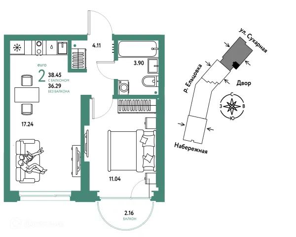 Планировка 2 комн. в ЖК Страна.Береговая