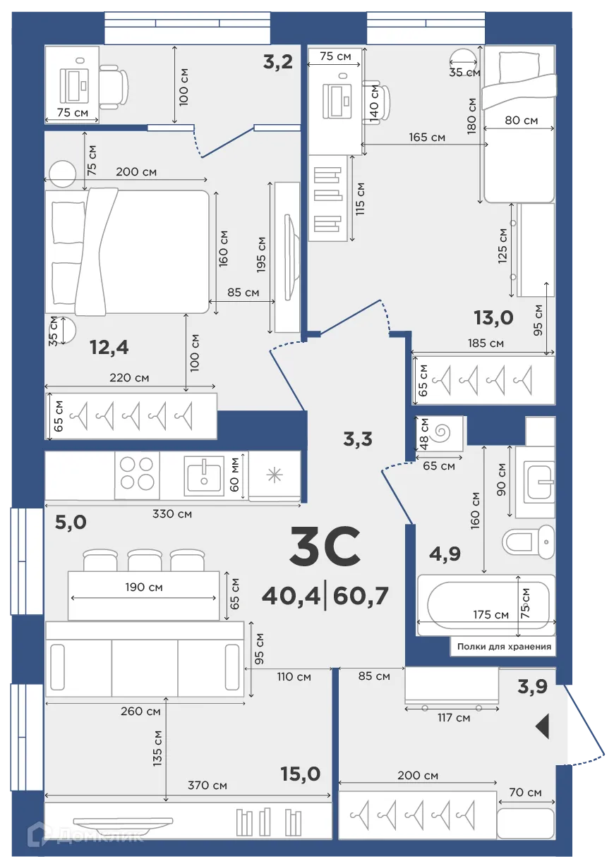 Планировка 3-комнатной квартиры 60.7 м² в ЖК Поколение, г. Новосибирск — фото 1