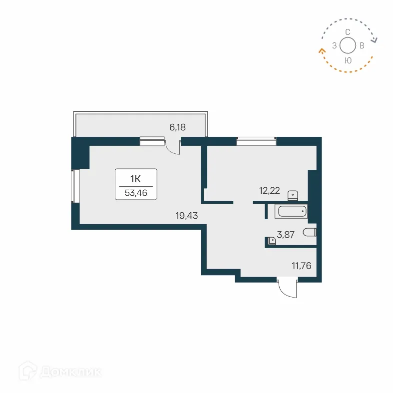Планировка 1-комнатной квартиры 53.1 м² в ЖК Расцветай на Зорге, г. Новосибирск — фото 1