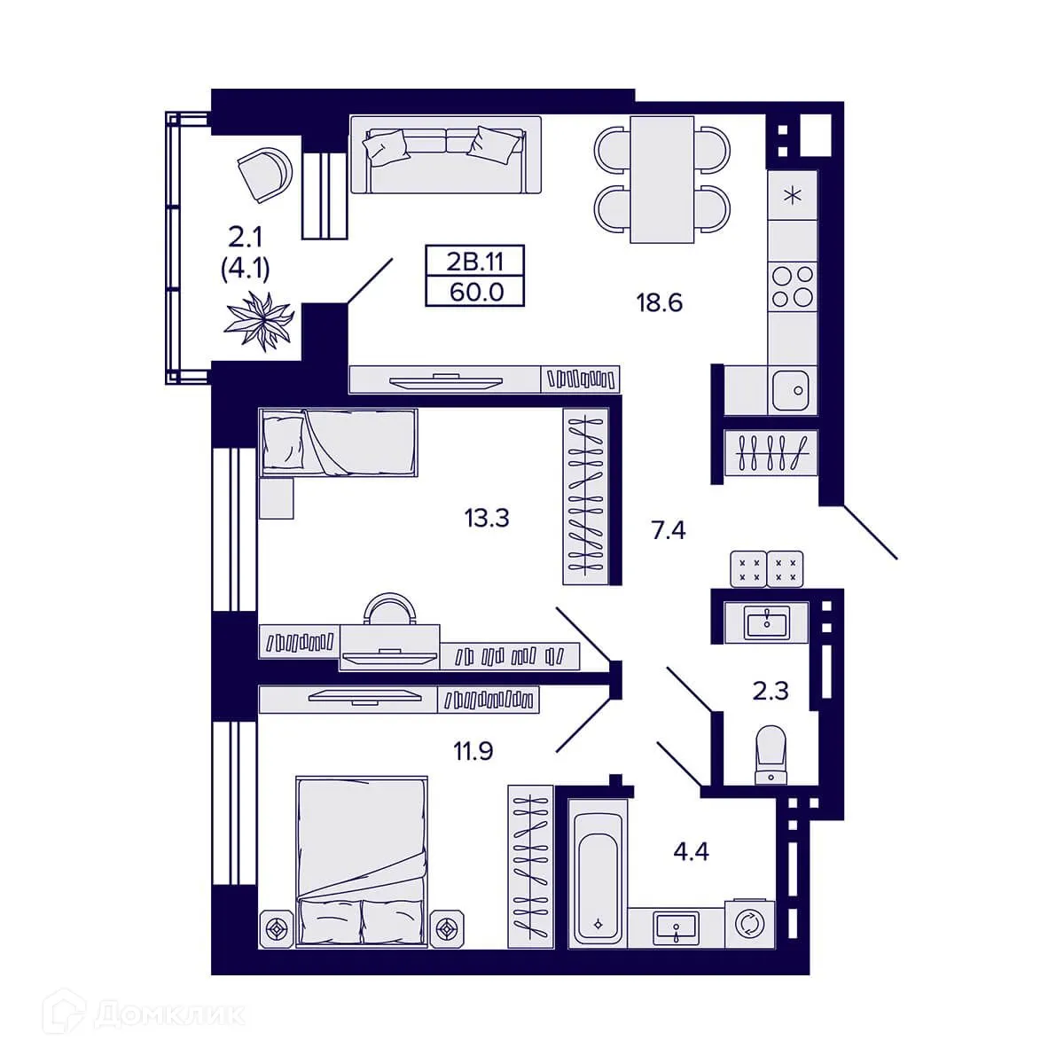 Планировка 2-комнатной квартиры 60 м² в ЖК Сподвижники, г. Новосибирск — фото 2