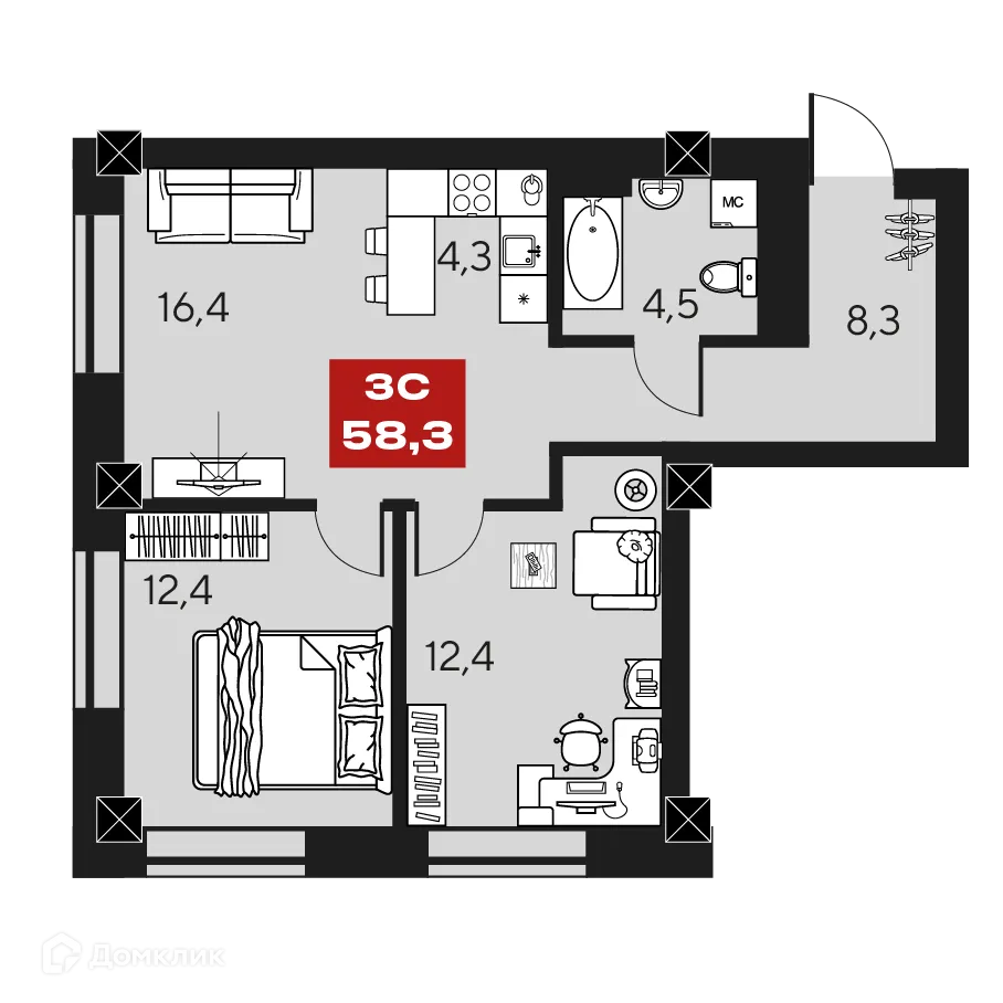 Планировка 3-комнатной квартиры 58.3 м² в ЖК МАКИ, г. Новосибирск — фото 1