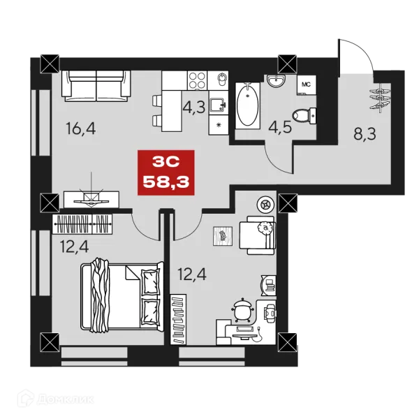 Планировка 3 комн. в ЖК МАКИ