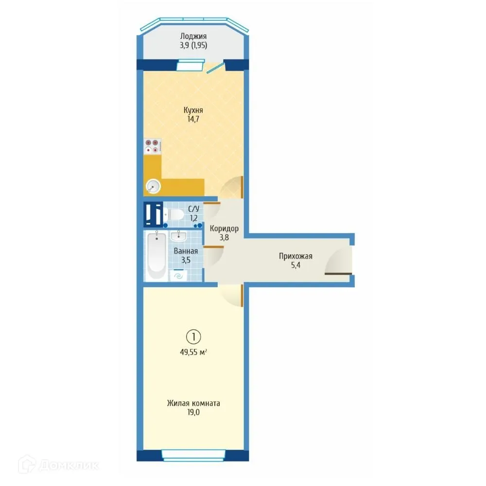 Планировка 1-комнатной квартиры 47.3 м² в ЖК Софийский квартал, г. Новосибирск — фото 1