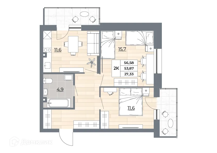 Планировка 2-комнатной квартиры 56.58 м² в ЖК Рубин, г. Новосибирск — фото 3