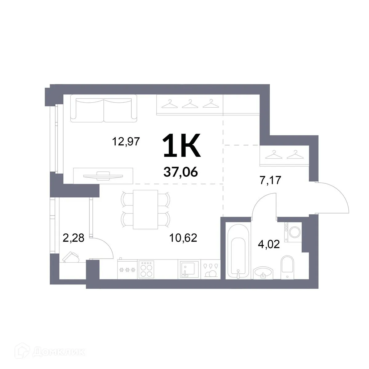 Планировка 1-комнатной квартиры 37.06 м² в ЖК Квартал новой жизни Горская Лагуна, г. Новосибирск — фото 1