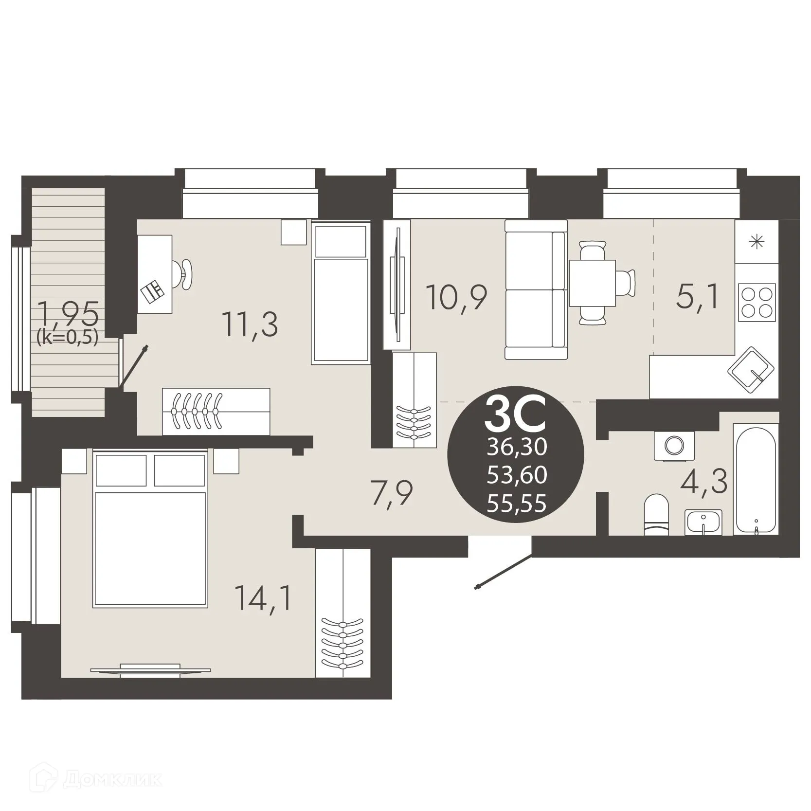 Планировка 3-комнатной квартиры 55.55 м² в ЖК Флагман Холл, г. Новосибирск — фото 1