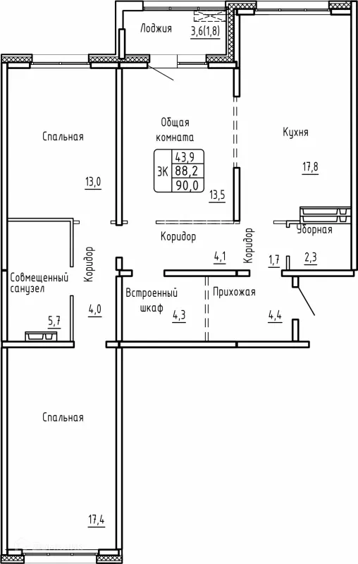 Планировка 3 комн. в ЖК САМОЦВЕТЫ