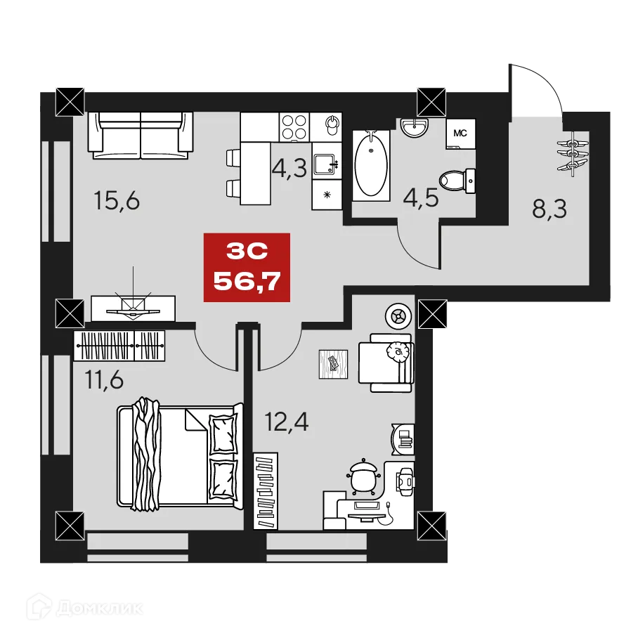 Планировка 3-комнатной квартиры 56.7 м² в ЖК МАКИ, г. Новосибирск — фото 1