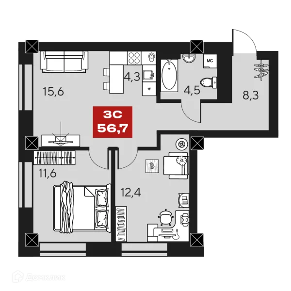 Планировка 3 комн. в ЖК МАКИ