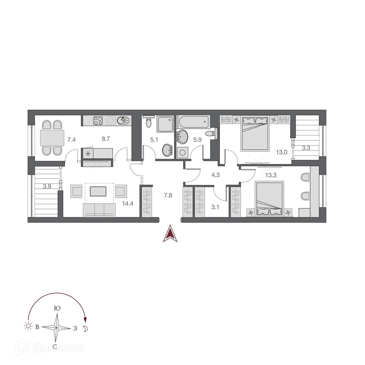 Планировка 3-комнатной квартиры 81.9 м² в ЖК Нобель, г. Новосибирск — фото 2