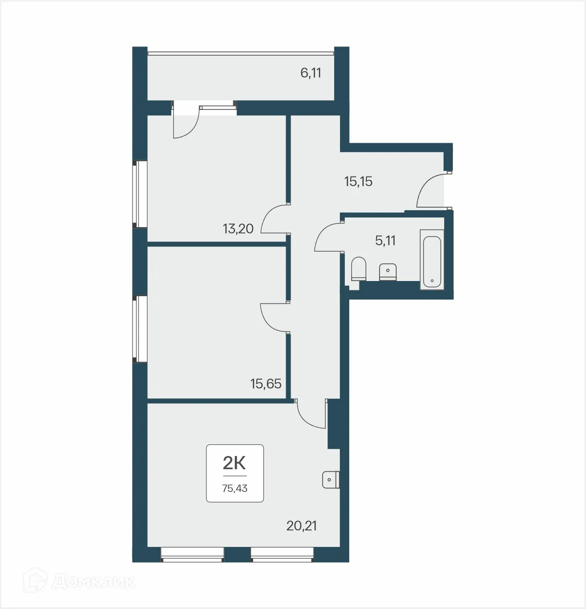 Планировка 2-комнатной квартиры 75.43 м² в ЖК Тайм Парк Апартаменты, г. Новосибирск — фото 1