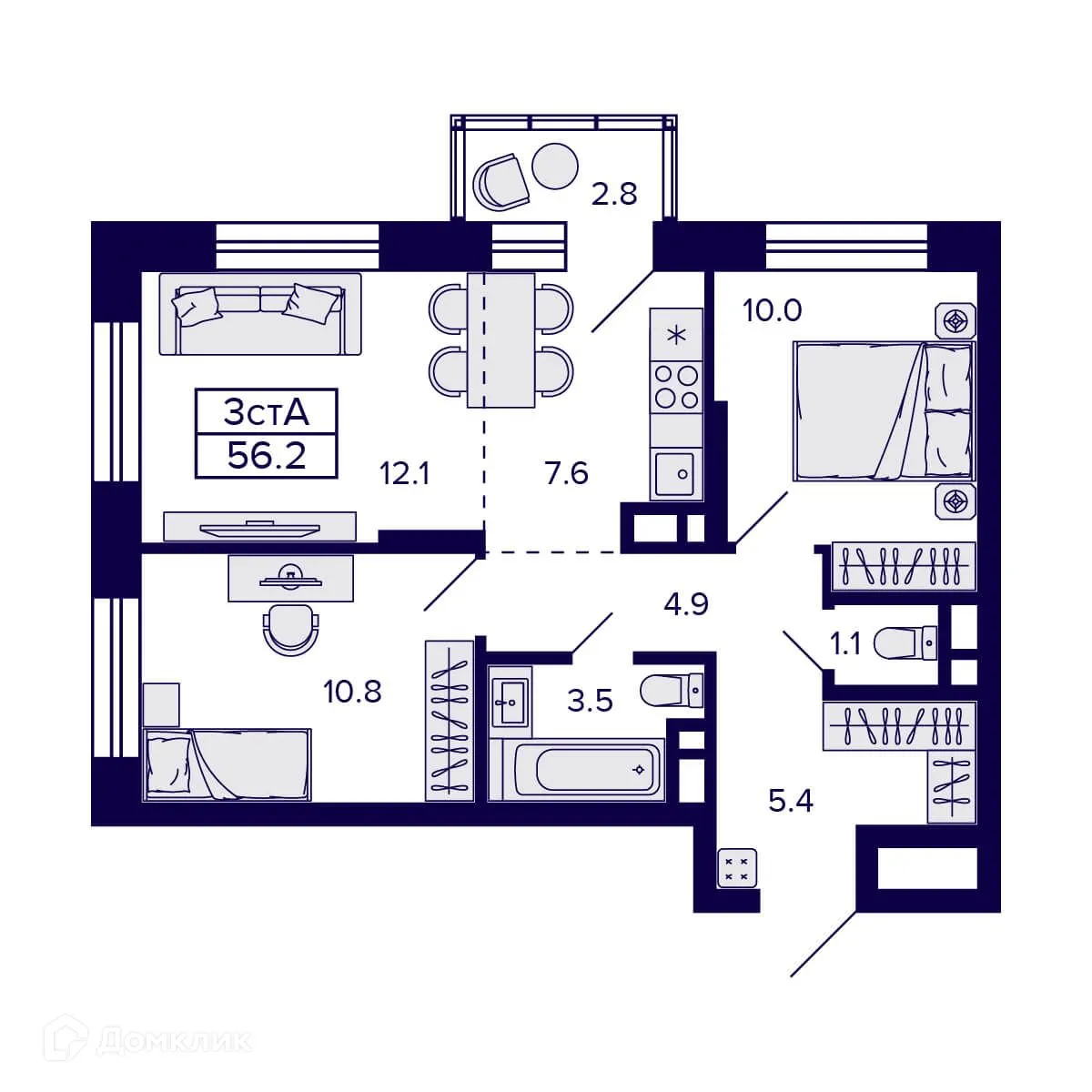 Планировка 3-комнатной квартиры 56.2 м² в ЖК Citatum (Цитатум), г. Новосибирск — фото 2