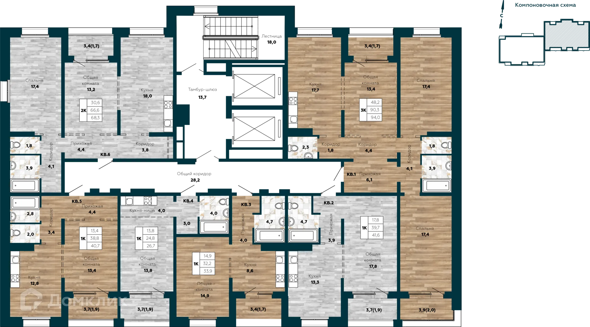 Планировка 2-комнатной квартиры 68.3 м² в ЖК "Галактика", г. Новосибирск — фото 3