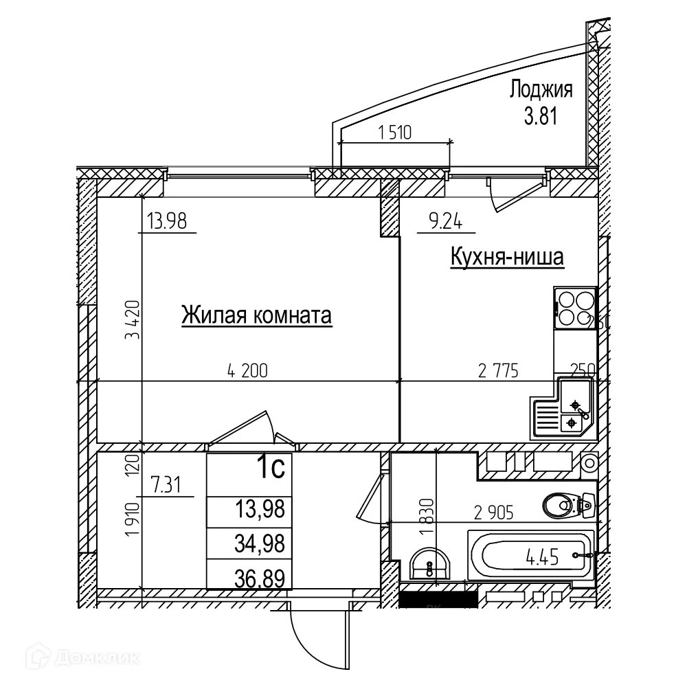 Планировка студии квартиры 34.9 м² в ЖК Возрождение, г. Новосибирск — фото 1