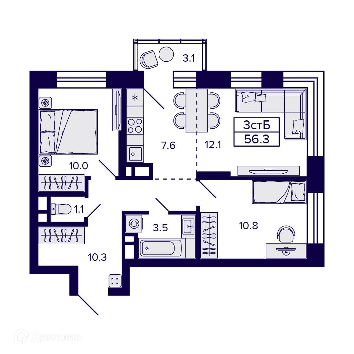 Планировка 3-комнатной квартиры 56.3 м² в ЖК Citatum (Цитатум), г. Новосибирск — фото 2
