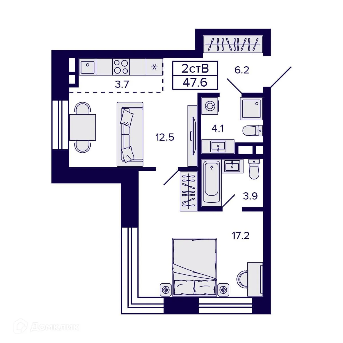 Планировка 2-комнатной квартиры 47.6 м² в ЖК Citatum (Цитатум), г. Новосибирск — фото 2