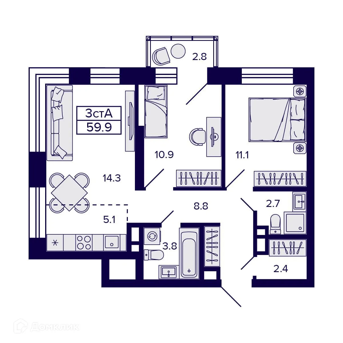 Планировка 3-комнатной квартиры 59.9 м² в ЖК Citatum (Цитатум), г. Новосибирск — фото 2
