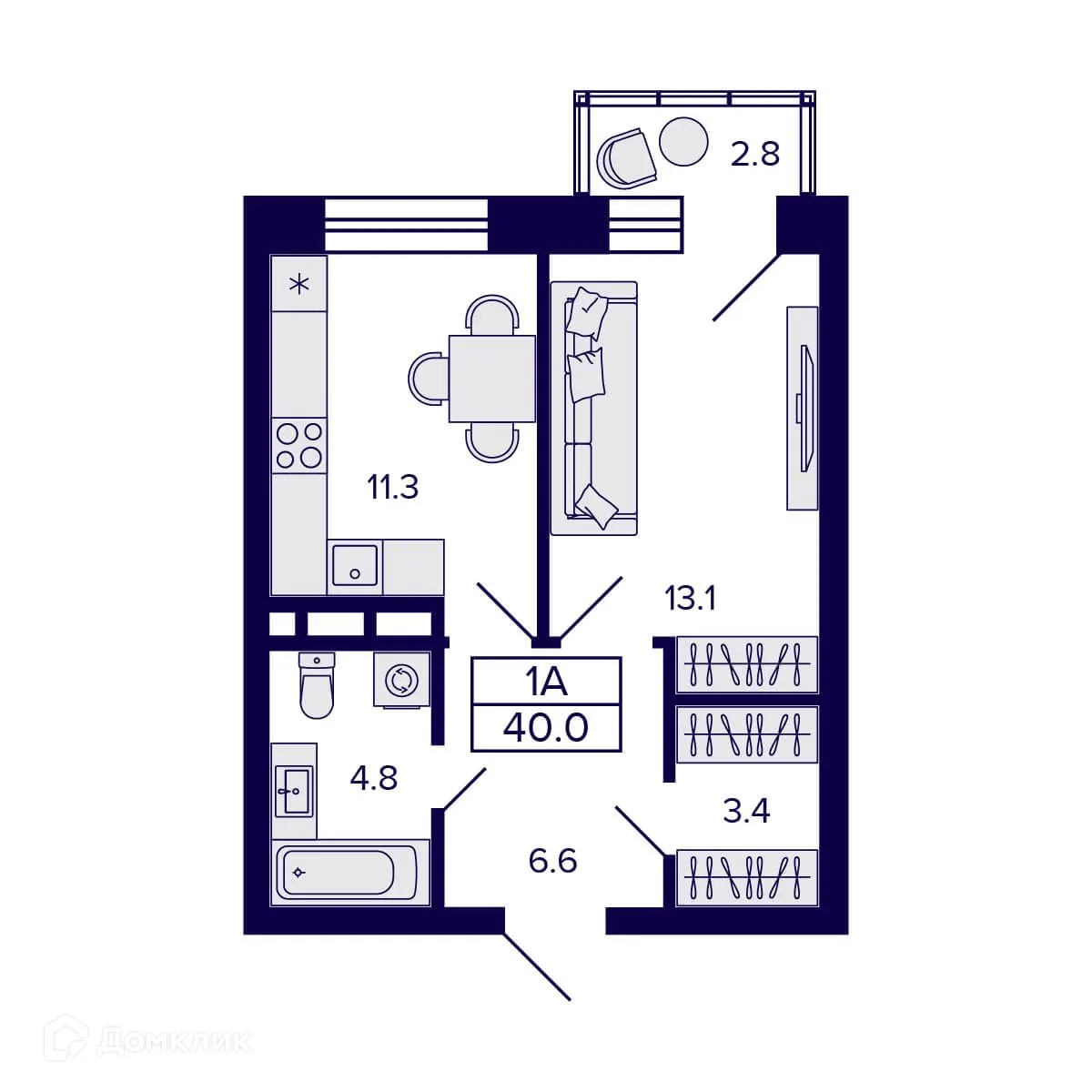 Планировка 1-комнатной квартиры 40 м² в ЖК Citatum (Цитатум), г. Новосибирск — фото 2