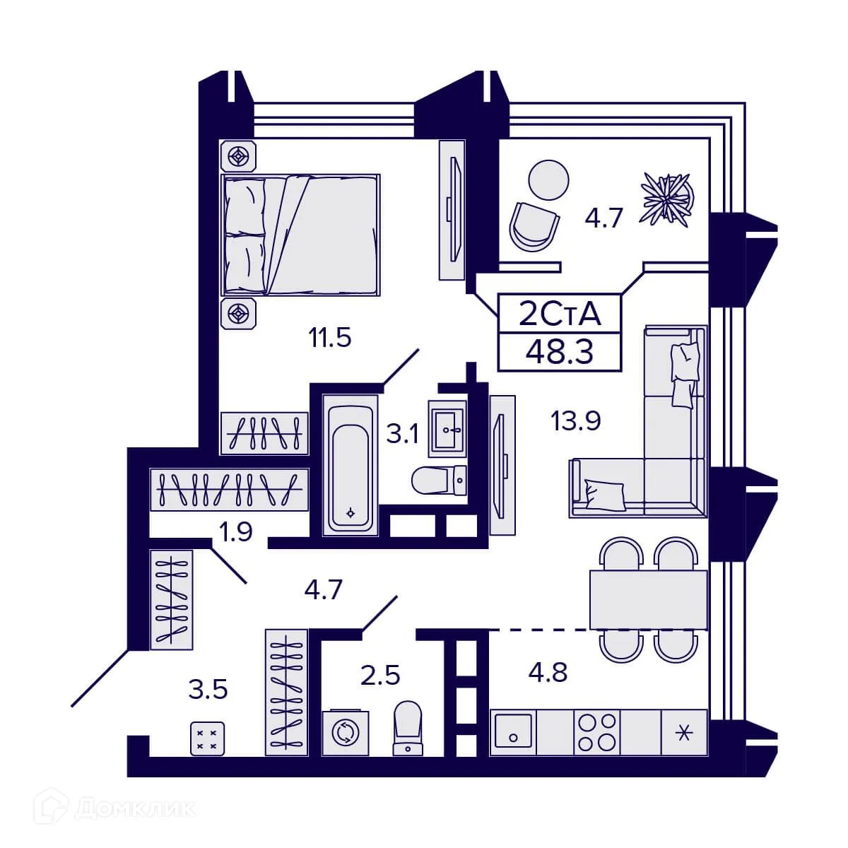 Планировка 2-комнатной квартиры 48.3 м² в ЖК Citatum (Цитатум), г. Новосибирск — фото 2