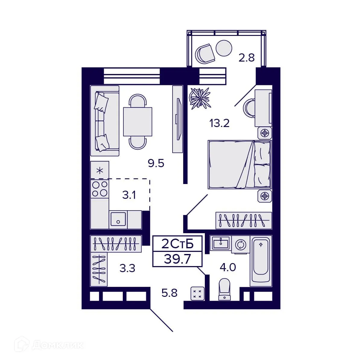 Планировка 2-комнатной квартиры 39.7 м² в ЖК Citatum (Цитатум), г. Новосибирск — фото 2