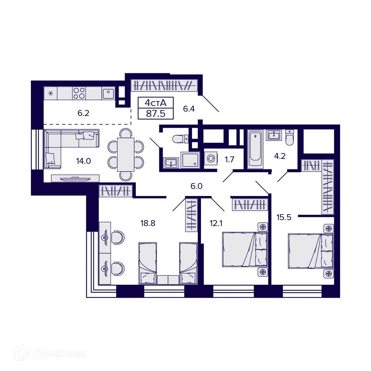 Планировка 4-комнатной квартиры 87.5 м² в ЖК Citatum (Цитатум), г. Новосибирск — фото 2