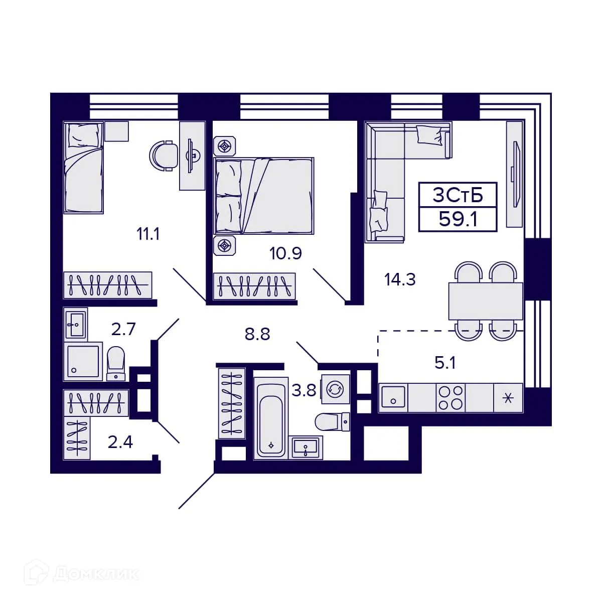 Планировка 3-комнатной квартиры 59.1 м² в ЖК Citatum (Цитатум), г. Новосибирск — фото 2
