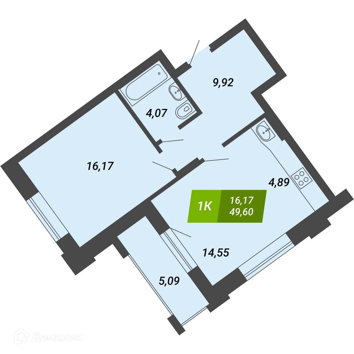 Планировка 1-комнатной квартиры 49.6 м² в ЖК «Бирюзовая жемчужина-4», г. Новосибирск — фото 1