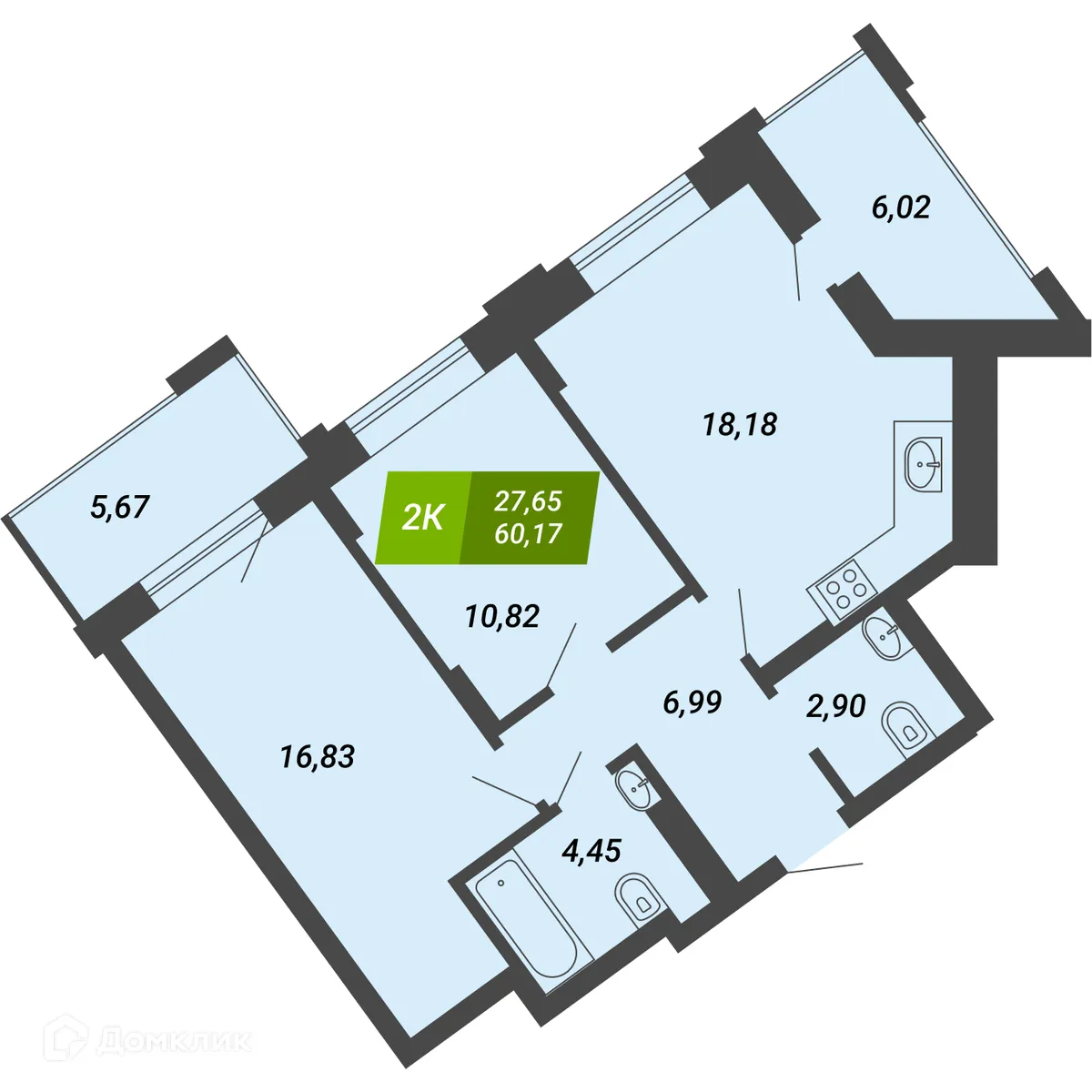 Планировка 2-комнатной квартиры 60.17 м² в ЖК «Бирюзовая жемчужина-4», г. Новосибирск — фото 1