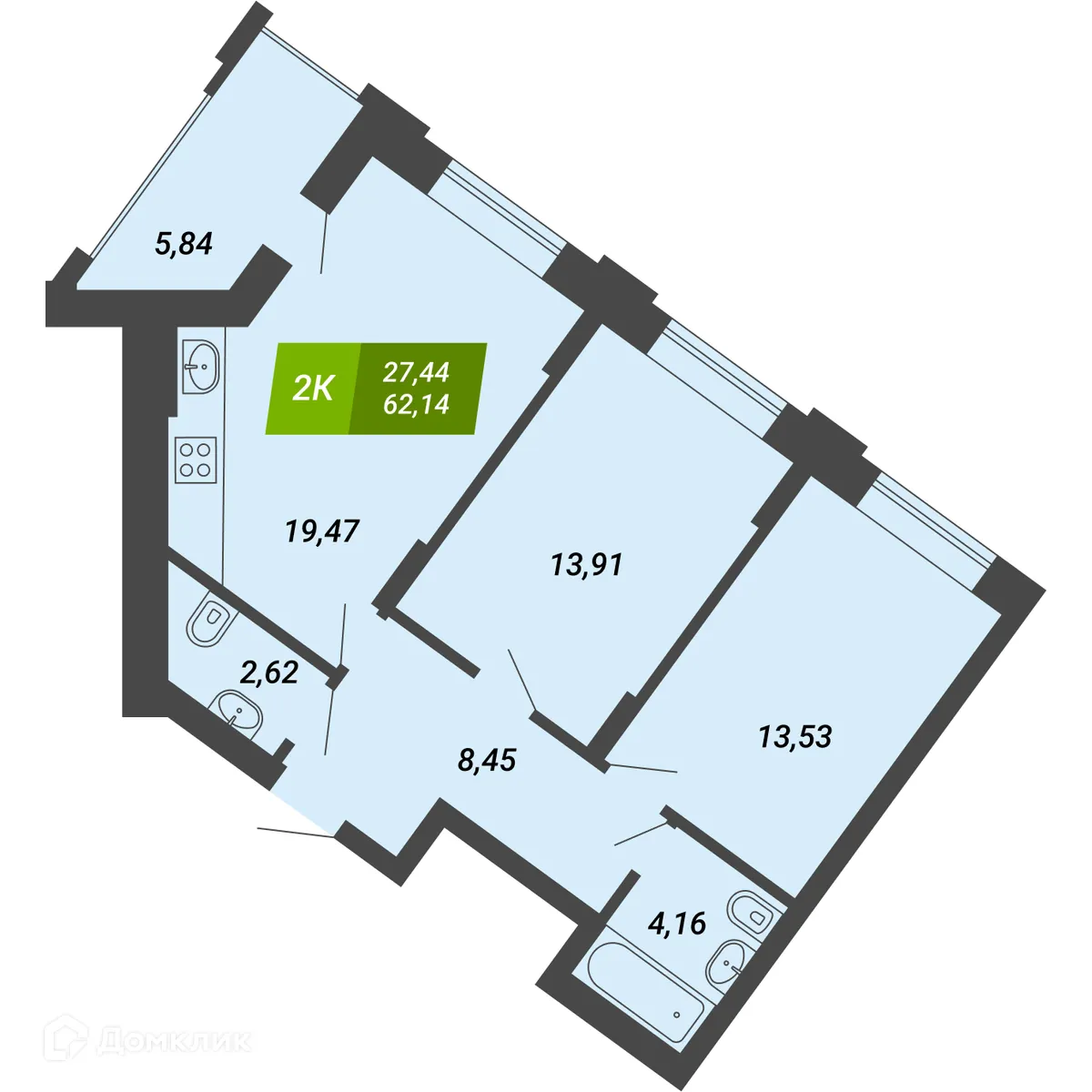 Планировка 2-комнатной квартиры 62.14 м² в ЖК «Бирюзовая жемчужина-4», г. Новосибирск — фото 1