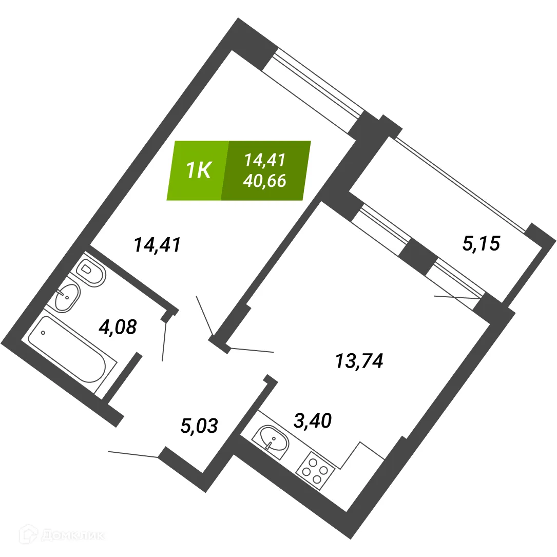 Планировка 1-комнатной квартиры 40.66 м² в ЖК «Бирюзовая жемчужина-4», г. Новосибирск — фото 1