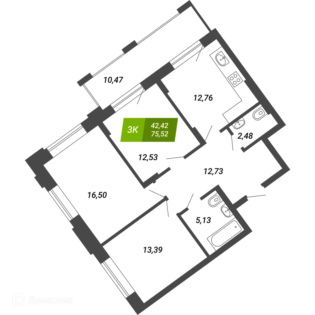 Планировка 3-комнатной квартиры 75.52 м² в ЖК «Бирюзовая жемчужина-4», г. Новосибирск — фото 1