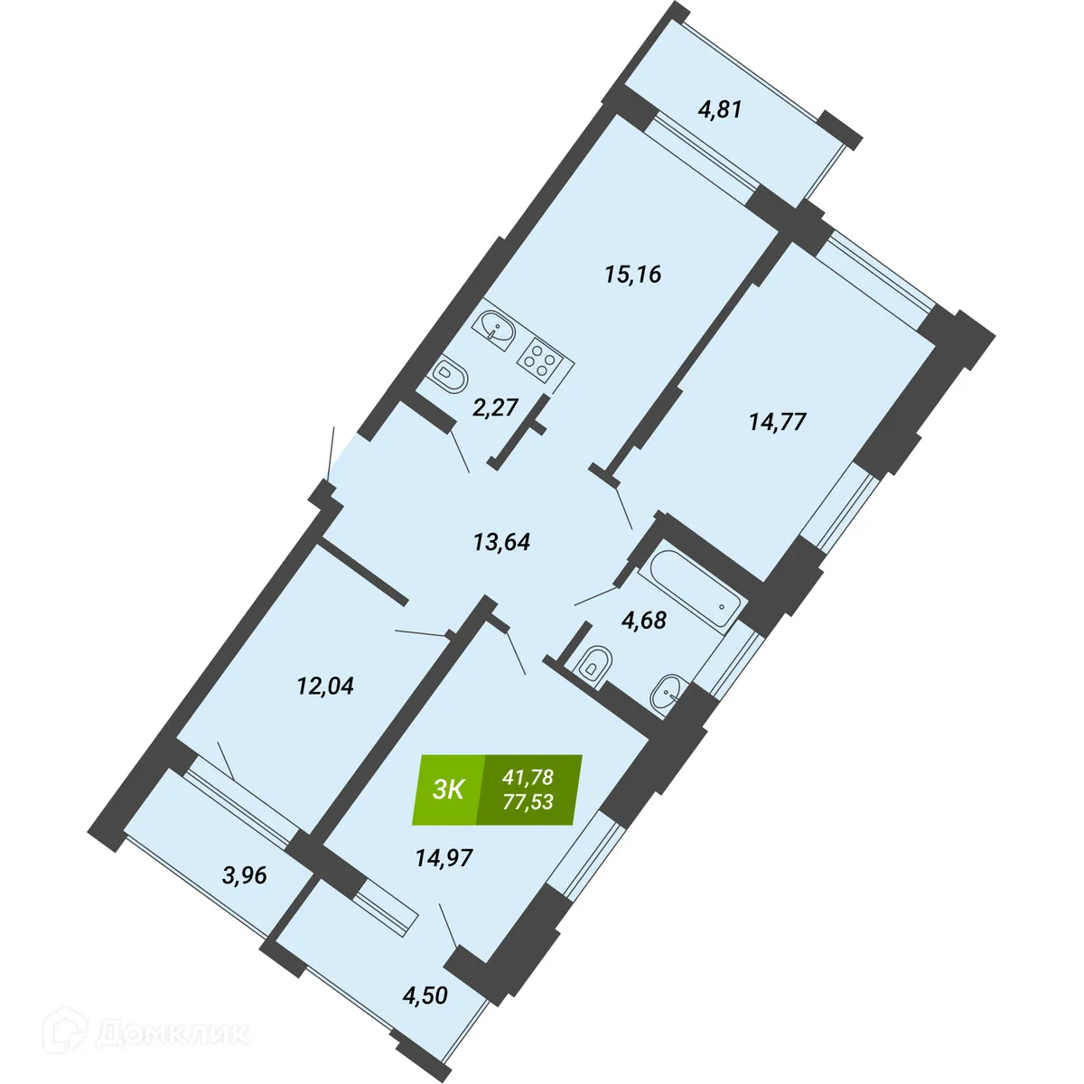 Планировка 3-комнатной квартиры 77.53 м² в ЖК «Бирюзовая жемчужина-4», г. Новосибирск — фото 1