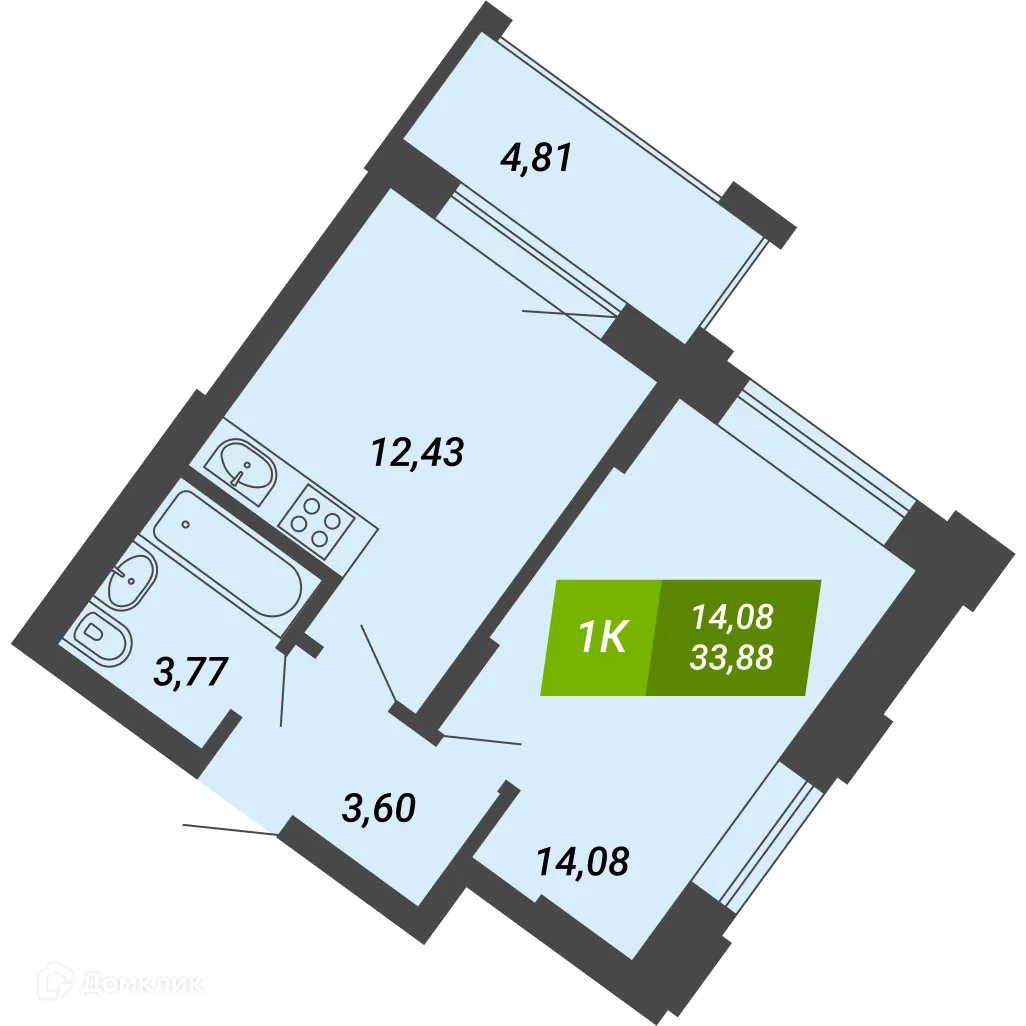Планировка 1-комнатной квартиры 33.88 м² в ЖК «Бирюзовая жемчужина-4», г. Новосибирск — фото 1