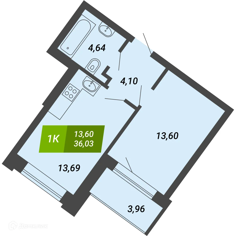 Планировка 1-комнатной квартиры 36.03 м² в ЖК «Бирюзовая жемчужина-4», г. Новосибирск — фото 1