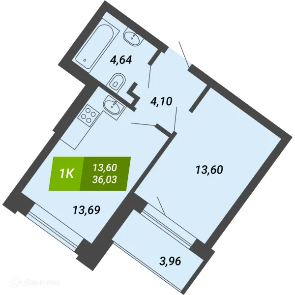 Планировка 1 комн. в ЖК «Бирюзовая жемчужина-4»