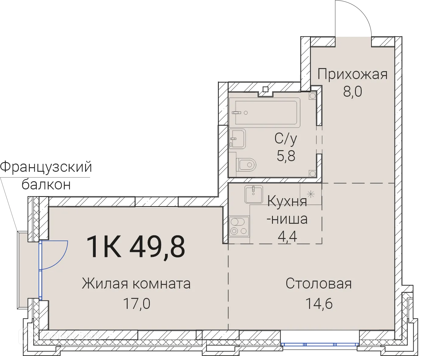 Планировка 1-комнатной квартиры 49.8 м² в ЖК Тайм Сквер, г. Новосибирск — фото 1