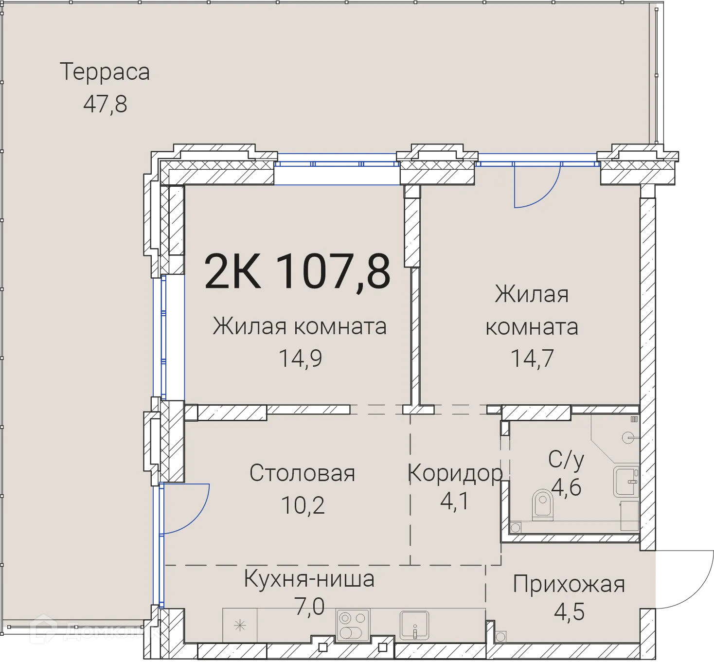 Планировка 2-комнатной квартиры 107.8 м² в ЖК Тайм Сквер, г. Новосибирск — фото 1