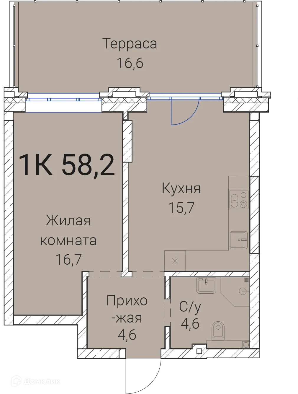 Планировка 1-комнатной квартиры 58.2 м² в ЖК Тайм Сквер, г. Новосибирск — фото 1